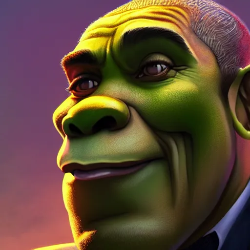 Image similar to barack obama as shrek, brown skin, highly detailed, digital painting, artstation, concept art, sharp focus, illustration, art by greg rutkowski and alphonse mucha