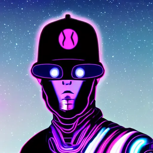 Prompt: a black shiny synthwave android with a visor, a sweatshirt and a cool hat, digital art, cyberpunk, vivid, technological