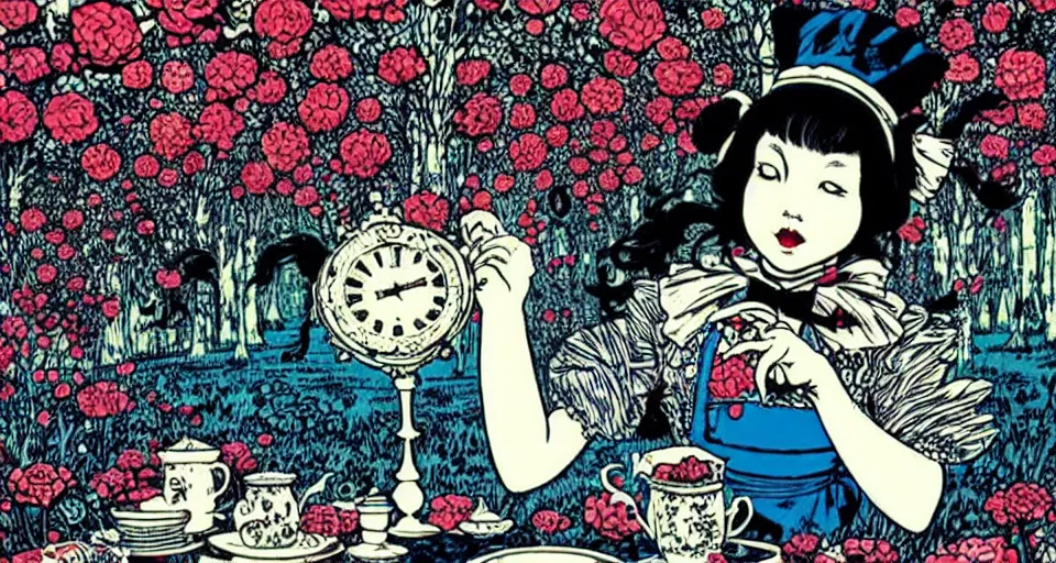 Image similar to alice in wonderland still frame by yuko shimizu, tee party by yuko shimizu