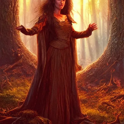 Image similar to Natalie Portman as a beautiful ancient witch in the forest by a fire at night, Darrell K Sweet, artstation, concept art, digital art, Michael Whelan, cinematic, mysterious