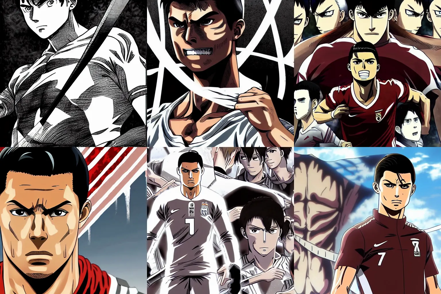 Prompt: cristiano ronaldo on attack on titan, anime, detailed, style