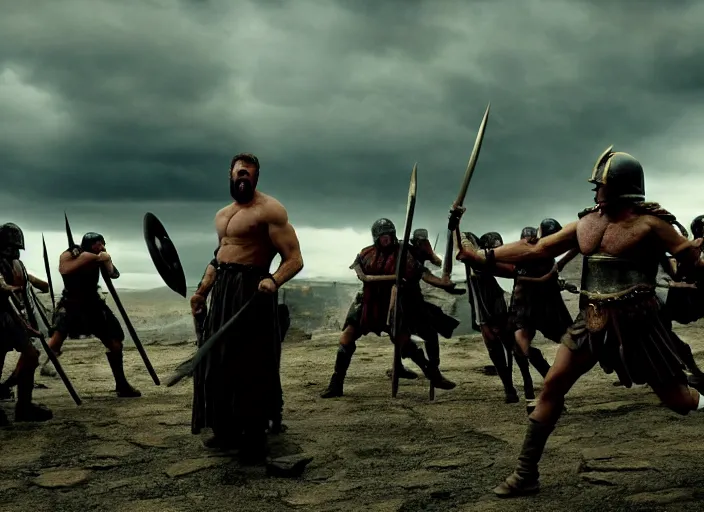 Prompt: film still of joe biden as leonidas shouting in 3 0 0 movie, 8 k, epic moody sky, dramatic lighting