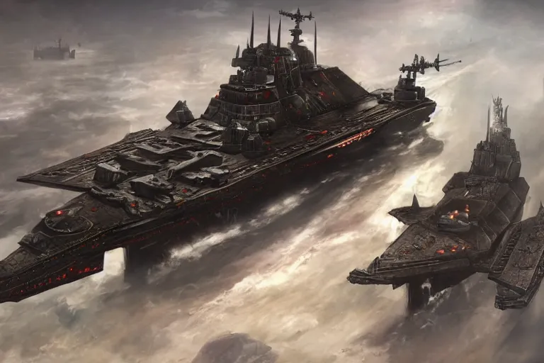 Image similar to A concept art of Warhammer 40000 battleship in open space, gothic style, high details, octane render, dark future