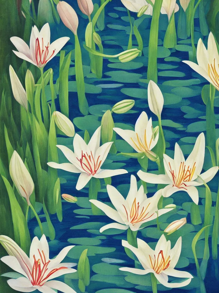 Prompt: an abstract painting of lilies in a pond by georgia o'keeffe,