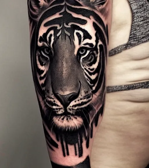 Image similar to tattoo design of a beautiful girl warrior below a tiger head, hyper realistic, realism tattoo, by eliot kohek, beautiful eyes, realistic face, black and white, white background