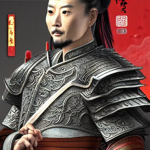 Image similar to dynamic composition, motion, ultra-detailed, incredibly detailed, a lot of details, amazing fine details and brush strokes, colorful and grayish palette, smooth, HD semirealistic anime CG concept art digital painting, watercolor oil painting of a Tang Ming dynasty chinese tao fantasy general wearing armor, from Three Kingdoms, by a Chinese artist at ArtStation, by Huang Guangjian, Fenghua Zhong, Ruan Jia, Xin Jin and Wei Chang. Realistic artwork of a Chinese videogame, gradients, gentle an harmonic grayish colors.