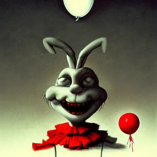 Prompt: scribble of bugs bunny with a wide smile and a red balloon by Zdzisław Beksiński, loony toons style, pennywise style, corpse bride style, creepy lighting, horror theme, detailed, elegant, intricate, conceptual,