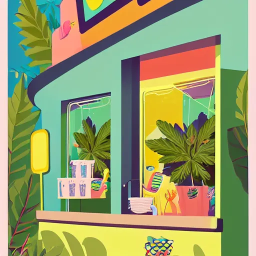 Prompt: isometric cute cartoon illustration style cafe australian, decorated with small pot plants 🪴 cannabis leaves, utopia frontage, pop art poster, beautiful colors pastel palette by will barnet pixar render