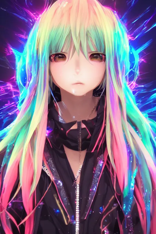 Image similar to portrait of an 3d anime character with cute sparkly eyes wearing a psychedelic holographic hoodie long hair with pastel colors in the style of code vein by Kurumi Kobayashi Koichi Itakura, 3d anime, octane render, dynamic dramatic lighting with glitch and chromatic abbreviations artstation cgsociety imaginefx by anime concept artist rendered in unreal engine by WENJR WLOP artgerm