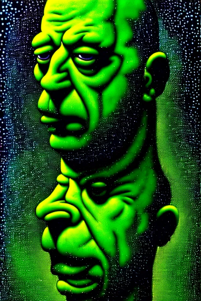 Image similar to bizarre green blacklight detailed renaissance portrait of homer simpson as a highly detailed realistic real life, dramatic cinematic lighting, 8 k, beautiful intricate painting by james r eads and tomasz alen kopera