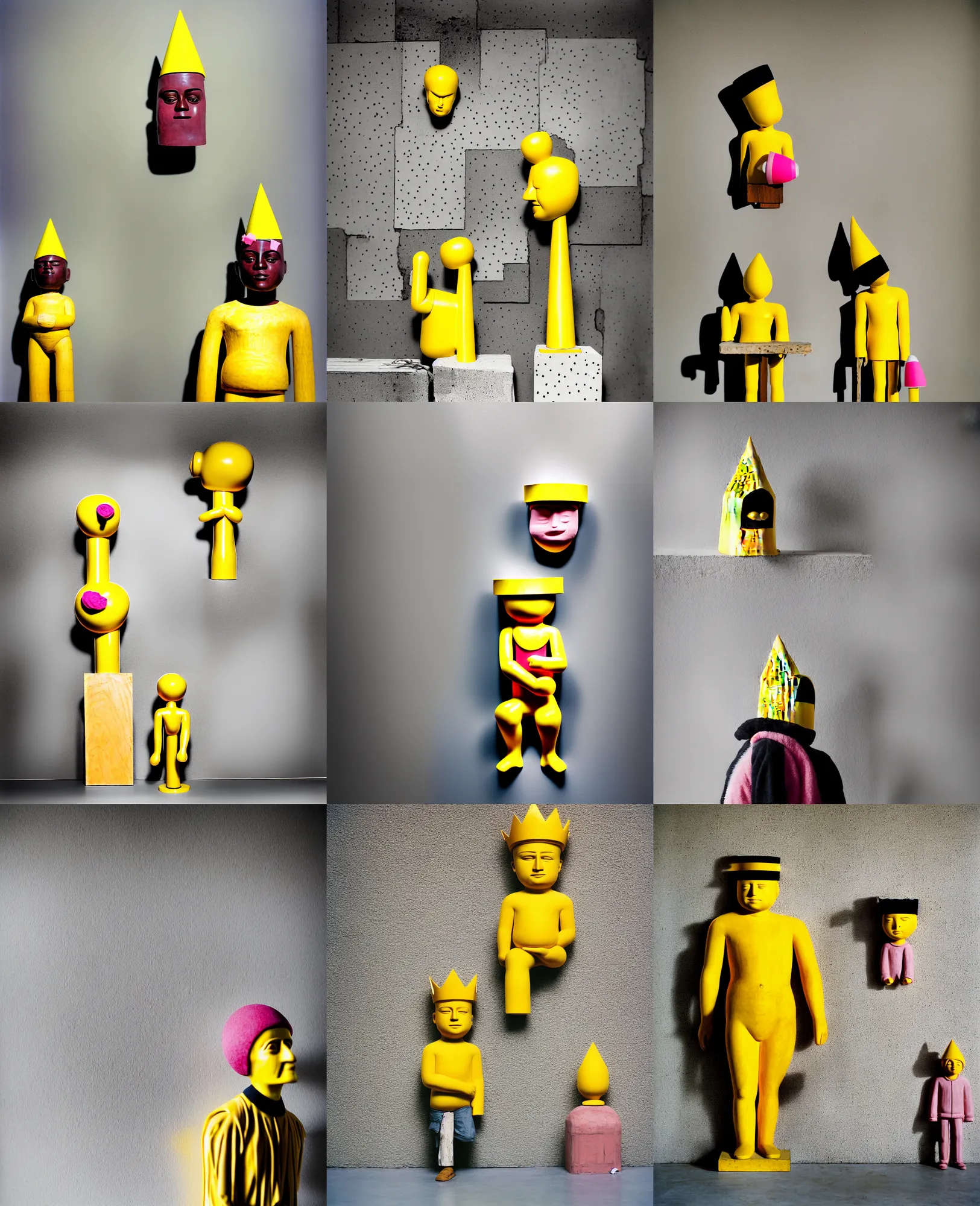 Image similar to kodak portra 4 0 0, 8 k, shot of a highly detailed, britt marling style, colour still - life portrait of a large minimalistic room, rough concrete walls, the wooden statue of a yellow black striped little man with pink crown on his head