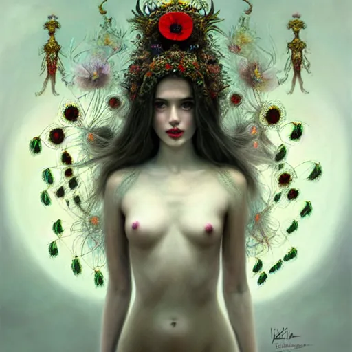 Prompt: unique non-conventional beautiful goddess of poppy, surreal, fantasy, intricate, elegant, dramatic lighting, emotionally evoking symbolic metaphor, highly detailed, lifelike, photorealistic, digital painting, painterly, artstation, concept art, smooth, sharp focus, illustration, art by John Collier and Krenz Cushart and Artem Demura and Alphonse Mucha and Albert Aublet