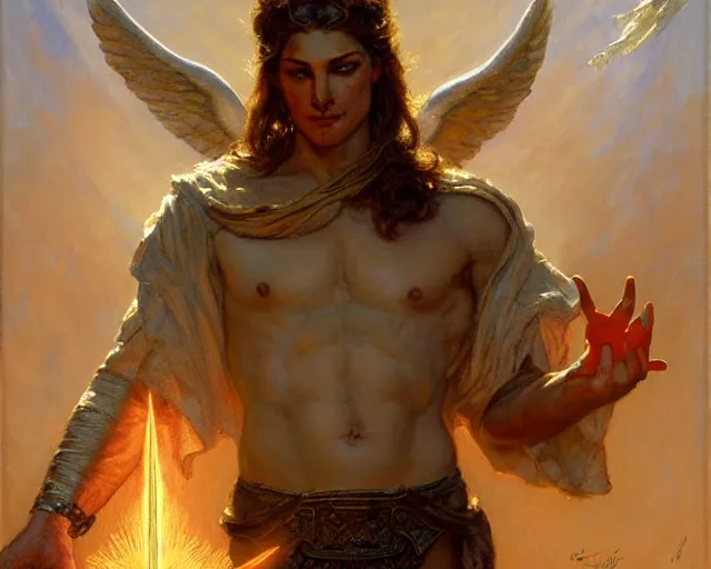 Prompt: monumental male deity, casting demonic magic, summoning handsome lucifer morning star. highly detailed painting by gaston bussiere, craig mullins, j. c. leyendecker 8 k