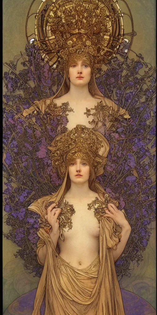 Image similar to portrait, face, saint woman, venus, athena, halo, queen, by alphons mucha and annie swynnerton and jean delville, strong dramatic cinematic lighting, ornate headdress, flowing robes, spines, flowers, stars, lost civilizations, smooth, sharp focus, extremely detailed, marble, gold, space