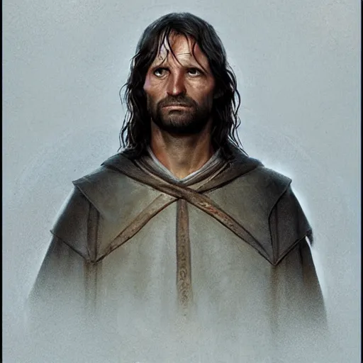 Image similar to Portrait of Aragorn, High King of the Reunited Kingdom, golden hour, detailed matte painting, cinematic, Alan Lee, Artstation