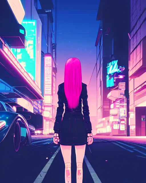 Image similar to digital illustration of cyberpunk pretty girl with pink hair, standing by a blue ford gt in a street at night, under streetlights, by makoto shinkai, ilya kuvshinov, lois van baarle, rossdraws, basquiat