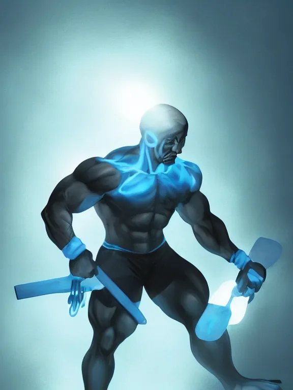 Prompt: portrait art of a muscular man with light blue skin and glowing eyes, wearing a dark blue outfit with now sleeves, fingerless gloves, black shoes. He is carrying a large shovel!!!!!!. around his neck is a glowing light blue vial, 8k ultra realistic , lens flare, atmosphere, glow, detailed, intricate, full of colour, cinematic lighting, trending on artstation, 4k, hyperrealistic, focused, extreme details, unreal engine 5, cinematic, masterpiece