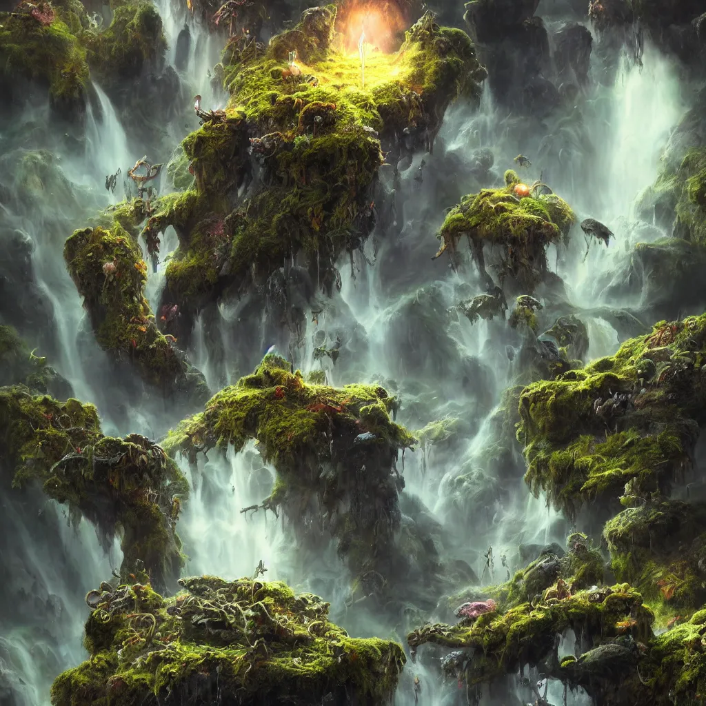 Prompt: tom bagshaw, mythical gigantic space cavern, soft painting 3 d render curiosities carnival pond vegetation rocks mushrooms and tentacles covered moss, luminescent wisps, stunning waterfall, accurate features, focus, very intricate ultrafine details, random volumetric lighting, fog, award winning masterpiece, octane render 8 k hd, artstation