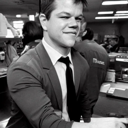 Image similar to matt damon working at mcdonald ’ s in 1 9 7 0 s