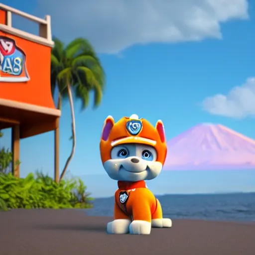 Image similar to chase as fluffy baby cub from paw patrol is standing on the beach, volcano erruption behind him, movie poster, trending on artstation, intricate detail, very sharp, octane 8 k render, depth of field