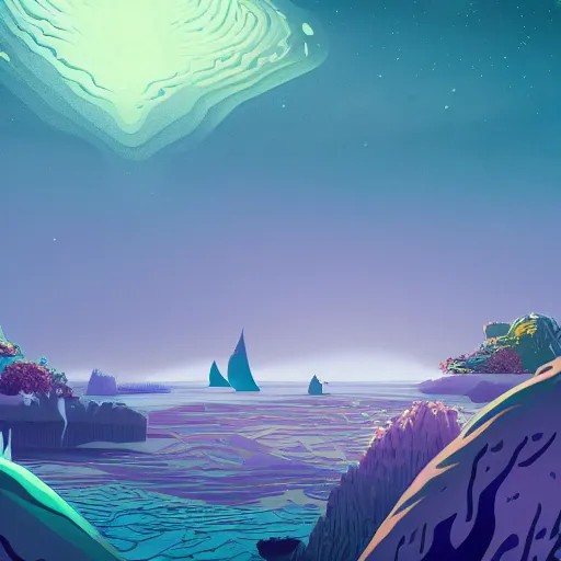 Image similar to sea under starry sky with reefs, light purple tones, animated film, stylised, illustration,, fantasy art, 2 d game art, by eyvind earle, scott wills, genndy tartakovski, roman shipunov, etienne hebinger, atey ghailan, cgsociety, cynical realism