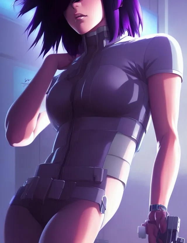 Image similar to a fullbody portrait of motoko kusanagi the major ghost in the shell : : stand alone complex, under repairs, maintenance : : by ilya kuvshinov, rossdraws, artgerm, sola digital arts, anti aliasing, raytracing : :