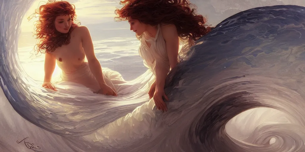 Image similar to inside the curl of a wave, elegant, highly detailed, digital painting, artstation, concept art, smooth, sharp focus, illustration, ArtStation, art by artgerm and greg rutkowski and alphonse mucha and J. C. Leyendecker and Edmund Blair Leighton and Charlie Bowater