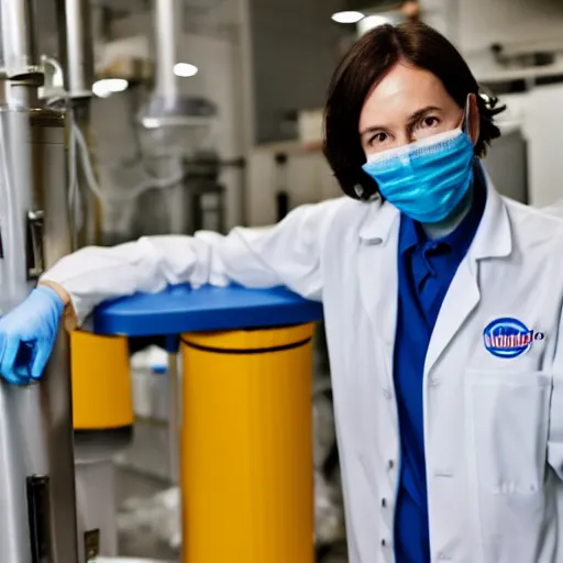 Prompt: woman in a lab coat leaning against a large compressed air tank. she's smirking while holding on to the tank's valve.