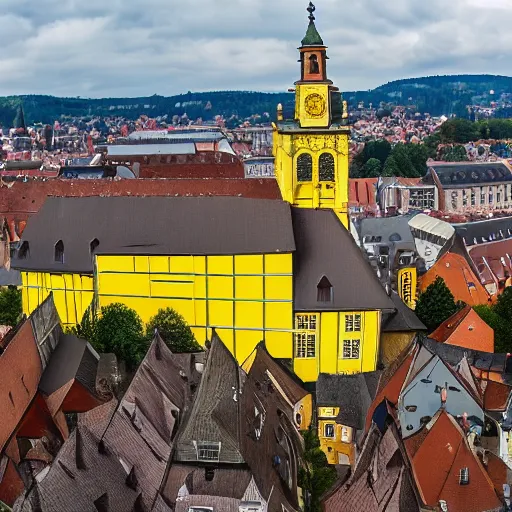 Image similar to a large yellow building with a steeple on top of it, on a hill, a flemish baroque by karl stauffer - bern, unsplash, heidelberg school, panorama, wimmelbilder, nikon d 7 5 0