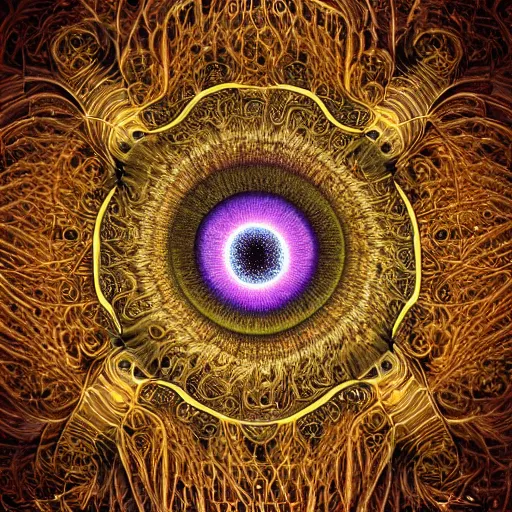 Image similar to human eye, nature, mandelbrot fractal, veins, arteries,, intricate, golden ratio, full frame, microscopic, elegant, highly detailed, ornate, ornament, sculpture, elegant , luxury, beautifully lit, ray trace, unreal, eye fish lens, 3d, PBR, radial symmetry, in the style of peter Gric and Romero Ressendi