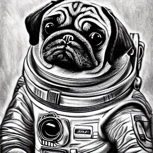 Prompt: pencil art, golden - ratio, spirals, highly detailed, astronaut pug in outer space by davinci.