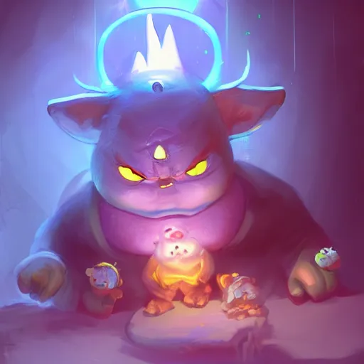 Image similar to a super cute demon playing with his magical power in his home ,chubby,concept art trending on artstation, deviantart, very detailed , glowing effect, magic