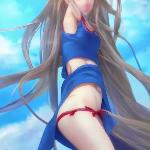 Image similar to a very beautiful mature yuuki asuna, full body, long wavy blond hair, sky blue eyes, full round face, bikini, miniskirt, front view, mid - shot, cute pose, highly detailed, cinematic wallpaper by stanley artgerm lau