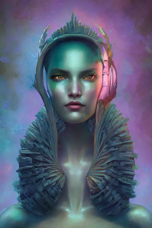 Prompt: digital portrait of an eloquent alien plant queen, straight on, full body character concept art, concept art, by artgerm, tom bagshaw, gerald brom, vaporwave colors, lo fi colors, vaporwave, lo fi, 4 k, hd, rendered with substance designer, small details,