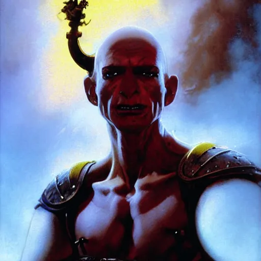 Image similar to ( ( ( head and shoulders portrait of a gaunt noseless yellow - skinned bald githyanki warrior in a breastplate, wielding a magical silver greatsword ) ) ), greg rutkowski, frank frazetta, alexandre chaudret, boris vallejo, michael whelan, miro petrov, magali villeneuve, donato giancola, d & d