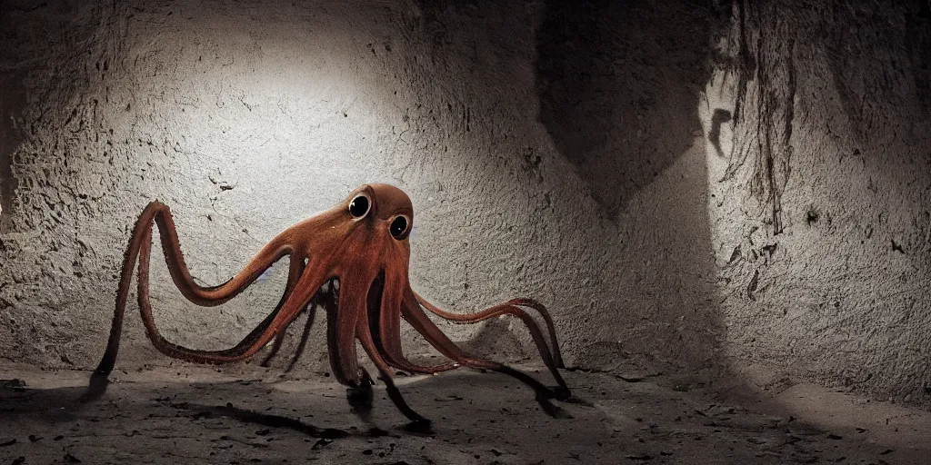 Image similar to a widescreen photo of a old rusty octopus, in a dark alley, low light, by steve mccurry