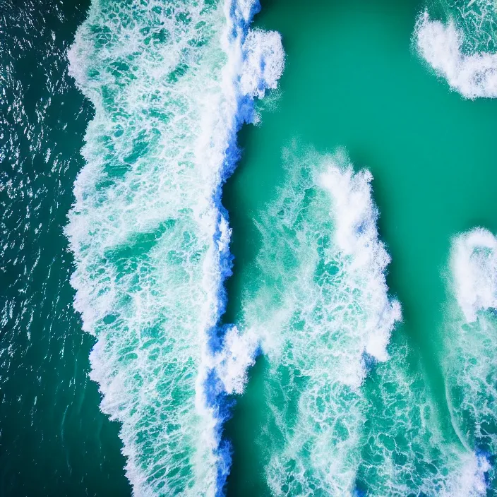 Prompt: an aerial perspective of a crystal clear bay, beach, turquoise ocean, photo - realistic, highly detailed, surfers surfing waves, serene