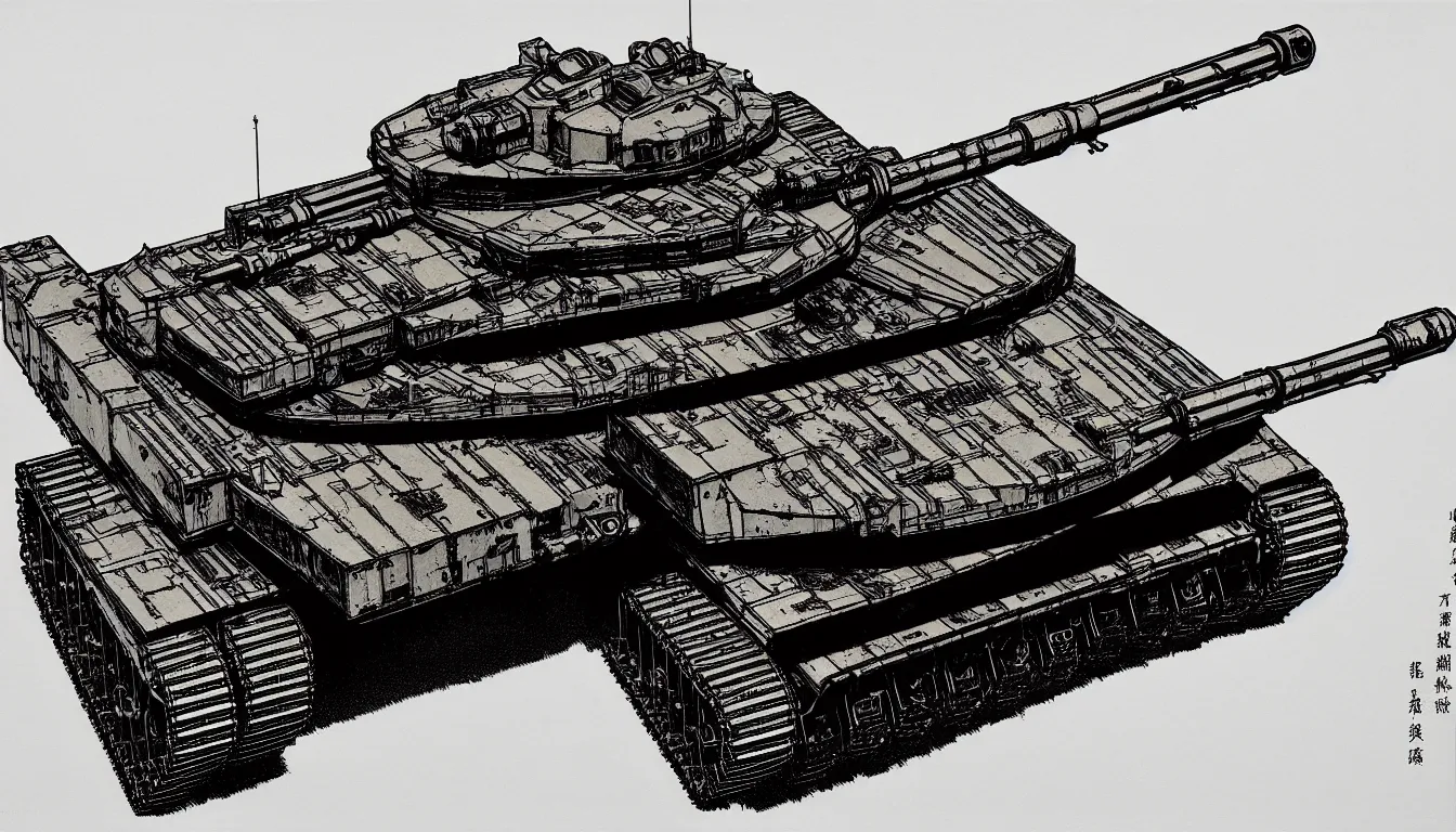 Prompt: a cyberpunk armored t - 8 4 tank by mumford and peter doig and edward hopper, symmetrical, minimal, black ink, thick lines highly detailed, muted colours, overlaid with chinese adverts, 8 k