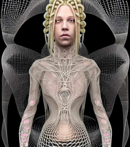 Prompt: photograph of beautiful biomechanical female blonde dreadlocks girl, hyper realistic skin, geometrical octagonal lace tattoos, polyhedral 3 d, roccoco futuristic android jones style steampunk, trippy lsd hippie, craftsmanship, intricate, hexagonal mesh wire, mandelbrot fractal spiral mandala alexander mcqueen, alex grey, giger, hyperreal, photorealistic