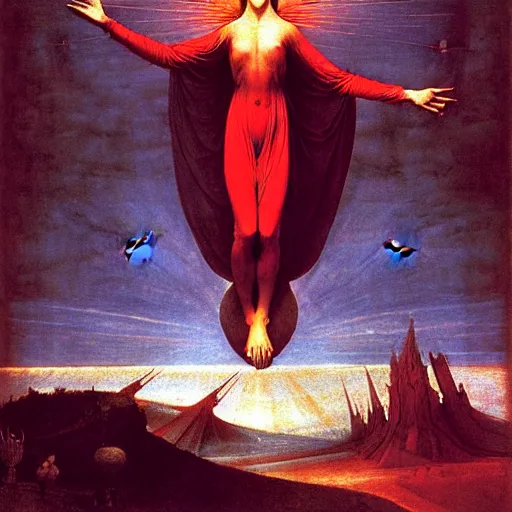 Prompt: ascension of the scarlet woman by caravaggio adolf wolfli beksinski jan van eyck william blake, ascension to heaven, damned souls, golden sun, sky with stars, beam of light from face, ecstatic visions, religious ritual, epiphany, conical red hood, red gold emerald