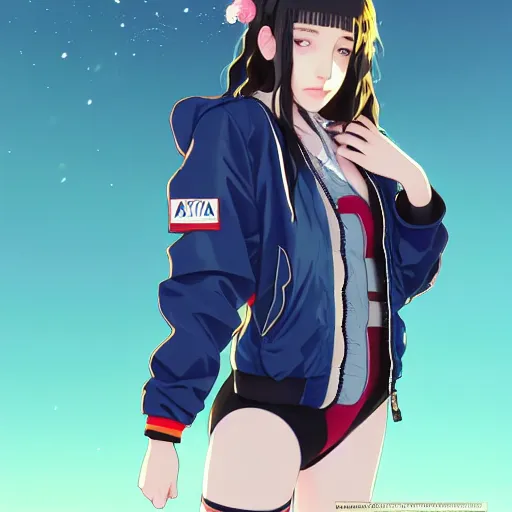 Image similar to a beautiful boyish kat dennings alluring gravure model, wearing oversized mayan bomber jacket and leotard with overalls, bulky poofy aztec native style bomber jacket with mayan patterns, gapmoe yandere grimdark, trending on pixiv fanbox, painted by greg rutkowski makoto shinkai takashi takeuchi studio ghibli, akihiko yoshida