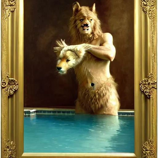 Image similar to a portrait of a very furry human with an animal's head in the pool, furry body, furry arms, furry legs, furry tail. highly detailed painting by gaston bussiere, craig mullins, j. c. leyendecker, furry