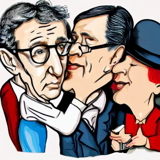 Image similar to caricature illustration of woody allen french - kissing a giant silver spoon