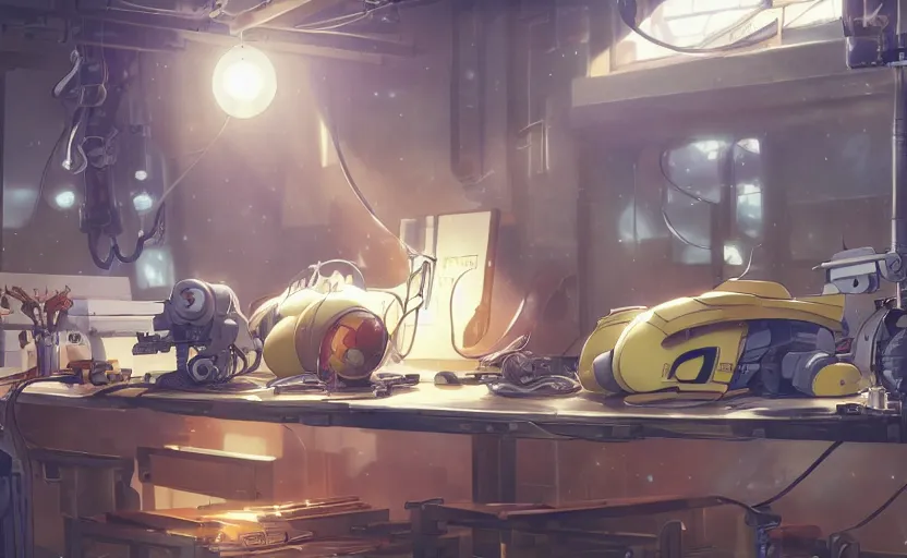 Prompt: an anime mechanical robot cat sleeping on a mechanics workbench in a spaceport in dieselpunk ghibli animated film, volumetric lighting, octane render by stanley artgerm, greg rutkowski, studio ghibli, alphonse mucha, norman rockwel, highly detailed, warm lighting, lens flare