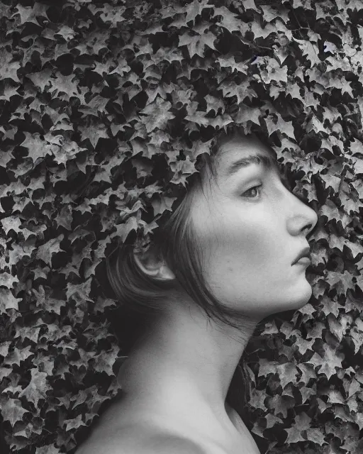 Prompt: a woman's face in profile, entwined with intricate decorative ivy, in the style of the dutch masters and gregory crewdson, dark and moody