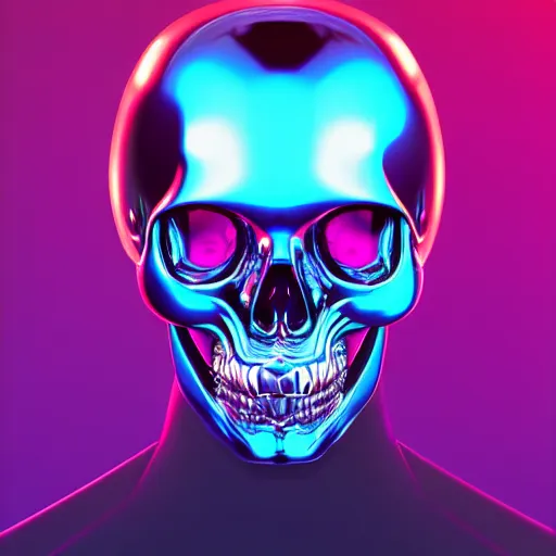 Image similar to portrait of a glossy black robot skull head, blue and pink highlights, glowing eyes, digital art, artstation