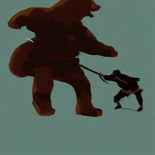 Prompt: Samurai fighting a giant bear, art by Ben Bauchau, painterly, digital art, artstation, pen and ink work. sharp focus.