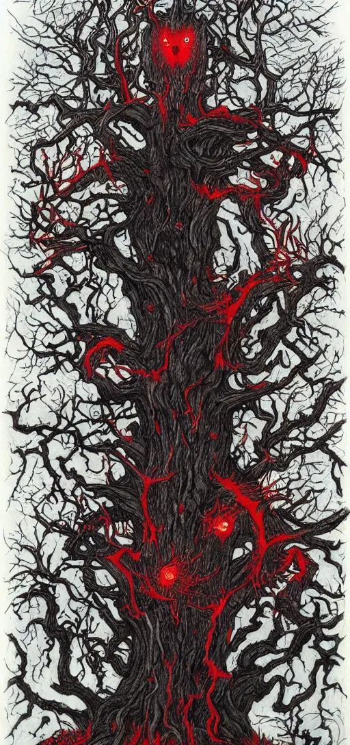 Image similar to a demonic tree with red eyes by rebecca guay, 8 k, drawing