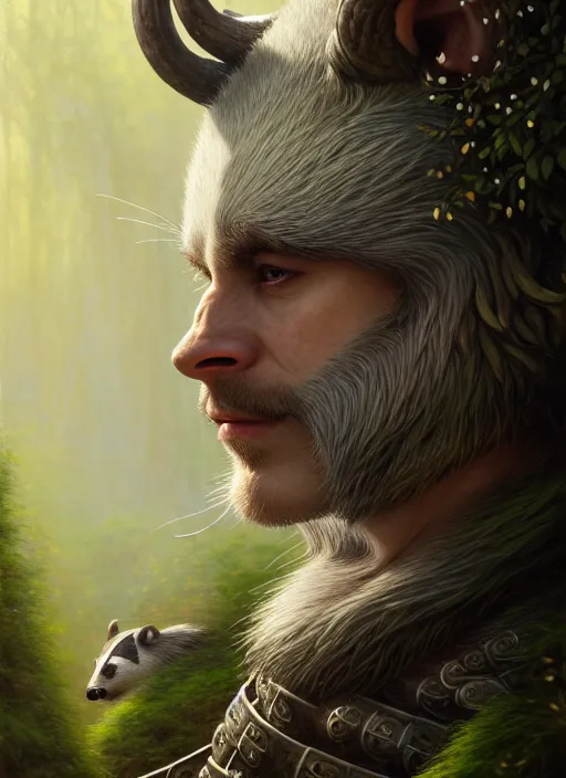 Image similar to a film still portrait of a badger elven king, finely detailed features, cinematic lighting, perfect art, brian jacques redwall woodland, forest, intricate, anime, gapmoe grimdark, artstation, trending on pixiv fanbox, painted by brian jacques greg rutkowski, studio ghibli, 4 k