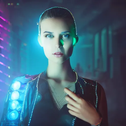 Prompt: a cyberpunk hologram of a beautiful young woman